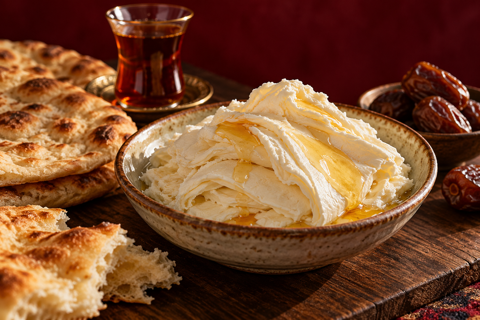 Iraaks ontbijt met qaymar, brood, honing en thee